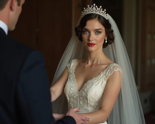 Bride in Lace Dress with Tiara and Veil Holding Hands