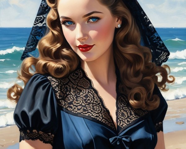 Portrait of a Woman at the Beach with Cascading Curls