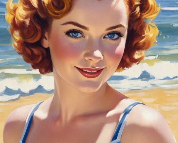 Cheerful Young Woman in Striped Swimsuit at Beach