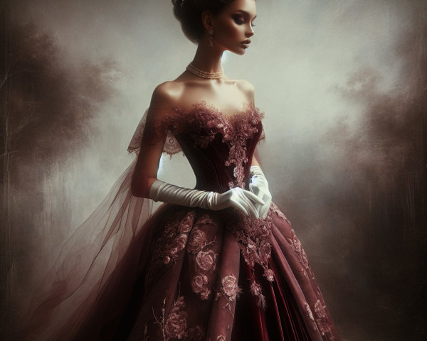 Deep Burgundy Gown with Floral Embroidery and Elegance
