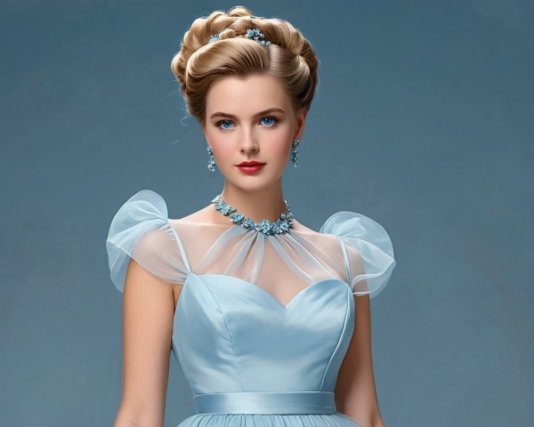 Elegant woman in soft blue gown with puff sleeves