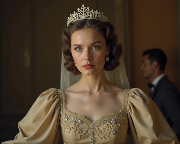 Elegant Woman in Gold Gown with Vintage Hairstyle