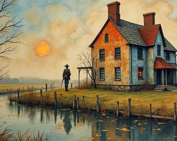 Serene Landscape with Rustic House and Sunset Reflection