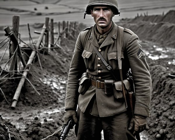 Lone Soldier in Muddy Trench with Vintage Uniform