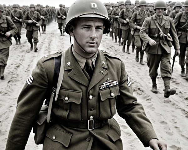 Soldiers Marching in Black-and-White Landscape Scene
