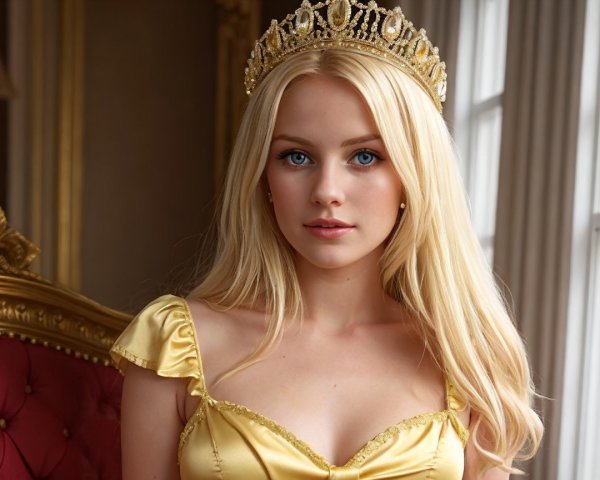Young woman in golden dress on red chair