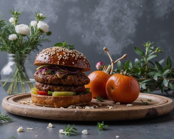 Burger Arrangement on Wooden Platter with Fresh Accents