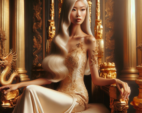 Elegant Woman on Ornate Throne in Golden Gown