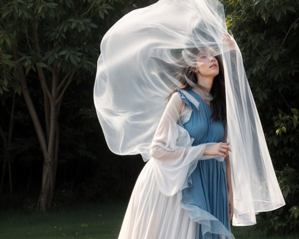 Woman in flowing blue and white dress in lush nature
