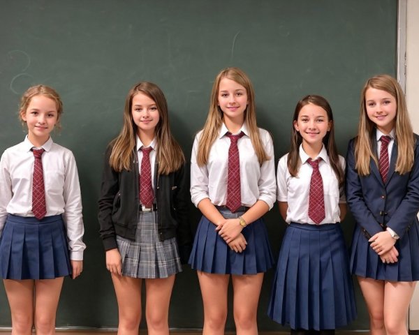 Group of Five Girls in School Uniforms by Chalkboard