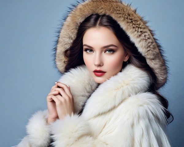 Elegant Young Woman in White Fur Coat and Makeup
