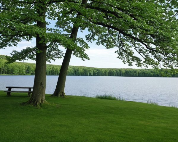 Serene Lakeside Scene with Trees and Picnic Table