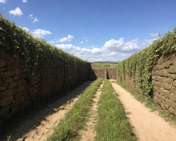 Serene landscape with stone walls and vibrant sky
