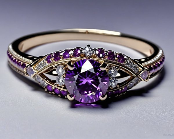 Amethyst and Diamond Halo Ring with Gold Band