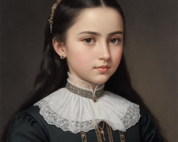 Young girl in elegant dark gown with lace collar