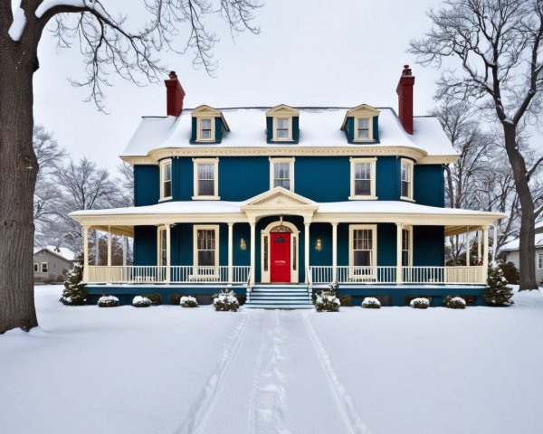 Victorian-Style House in Winter Landscape with Snow