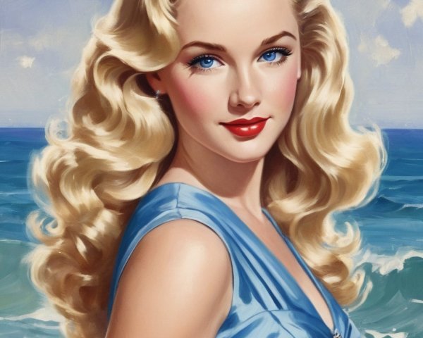 Glamorous Woman in Blue Dress by Serene Beach Scene