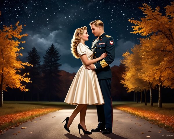 Couple in Romantic Moment on Starry Night Path