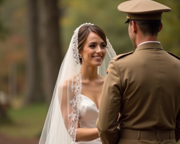 Bride in White Gown with Military Partner Outdoors