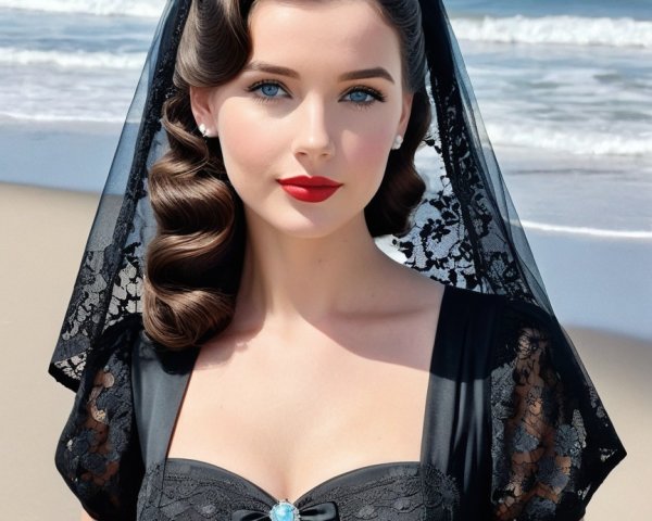 Young woman in vintage black dress on sandy beach