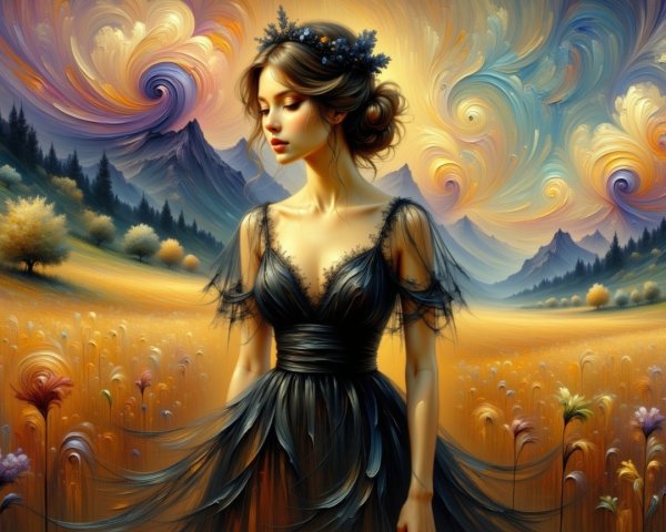 Serene Figure in Vibrant Landscape with Floral Elements