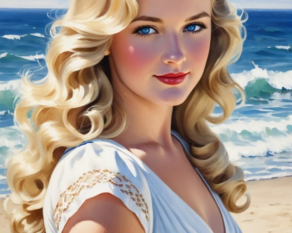 Young Woman in White Blouse by the Beach Waves