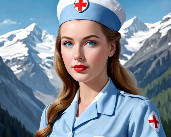 Young Nurse in Blue Uniform Against Mountain Landscape