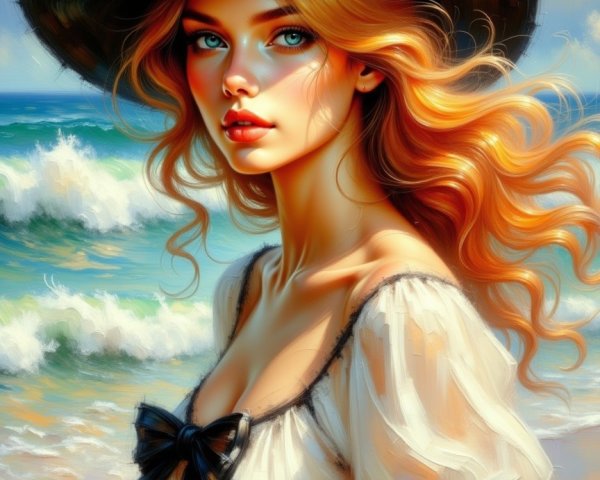 Young Woman in Blouse and Hat on Serene Beach