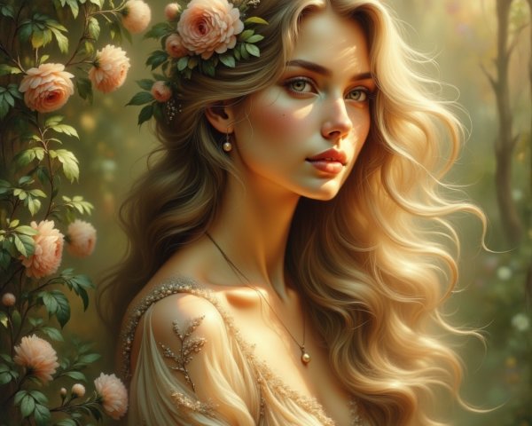Ethereal Woman in Floral Garden with Soft Light