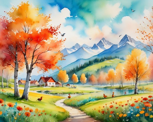 Vibrant Autumn Landscape with Mountains and Lake