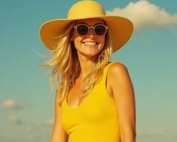 Woman in yellow swimsuit under blue sky at beach