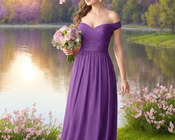 Elegant Woman in Purple Gown by Serene Lake at Sunset