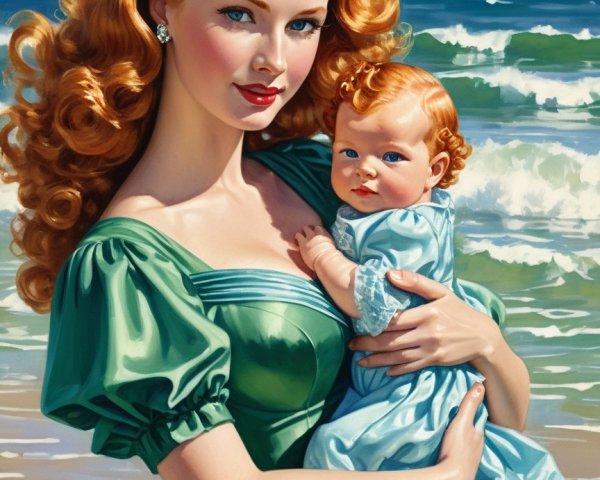 Glamorous Woman with Baby on Beach Scene