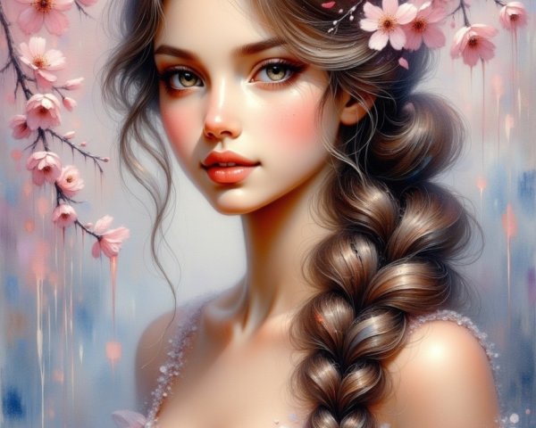 Young Woman in Pastel Gown among Cherry Blossoms