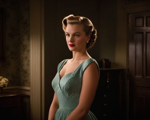1950s Glamour: Woman in Mint Green Polka Dot Dress