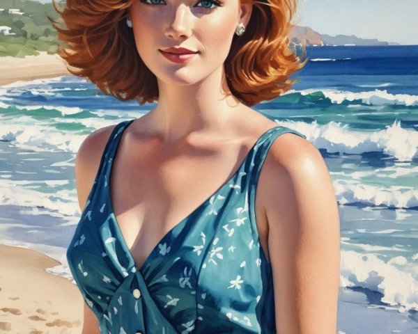 Young woman in teal dress at a beach scene