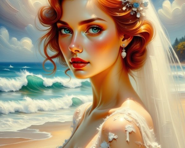 Bride in Wedding Gown Against Beach and Ocean Waves