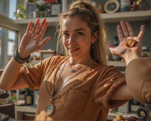 Young Woman in Sunlit Kitchen with Cookie and Decor