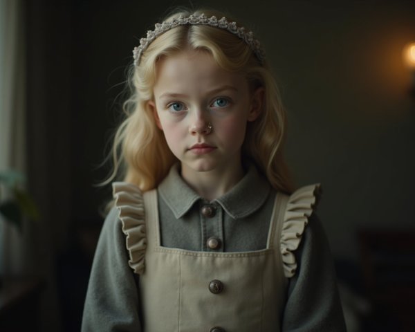 Young girl in grey blouse and beige pinafore, serene scene