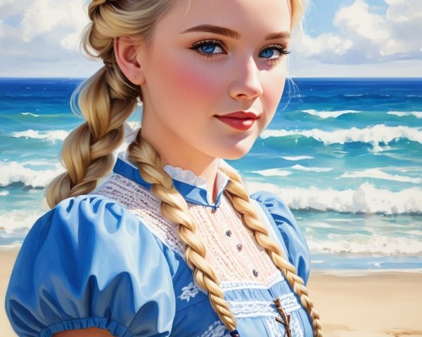 Young girl in blue dress at picturesque beach scene