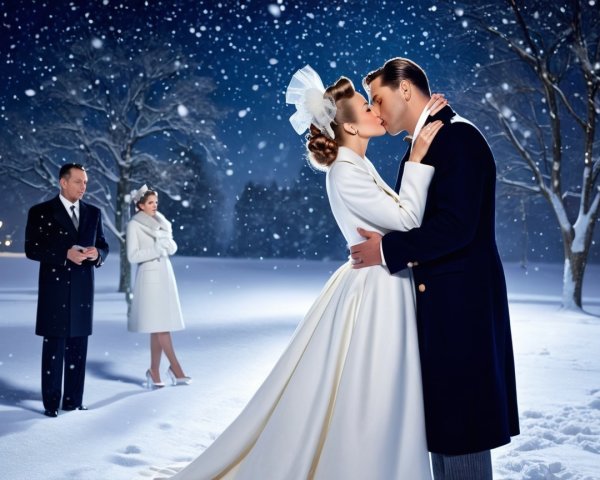 Couple Kissing in Snowy Moonlit Park Scene