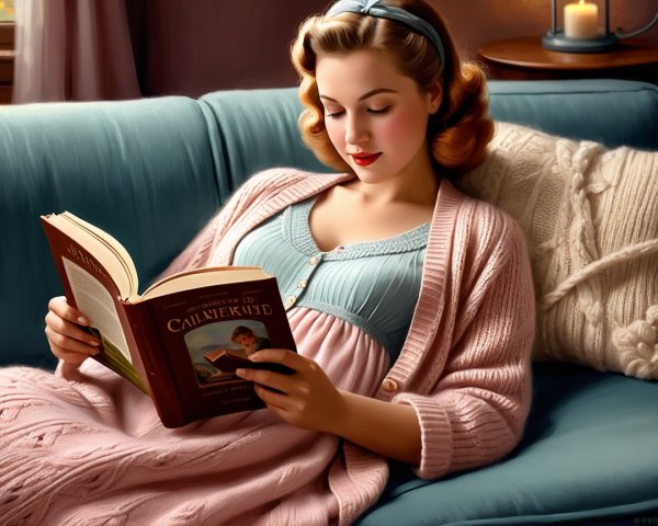 Young Woman Reading "Call Me Kid" on a Cozy Couch