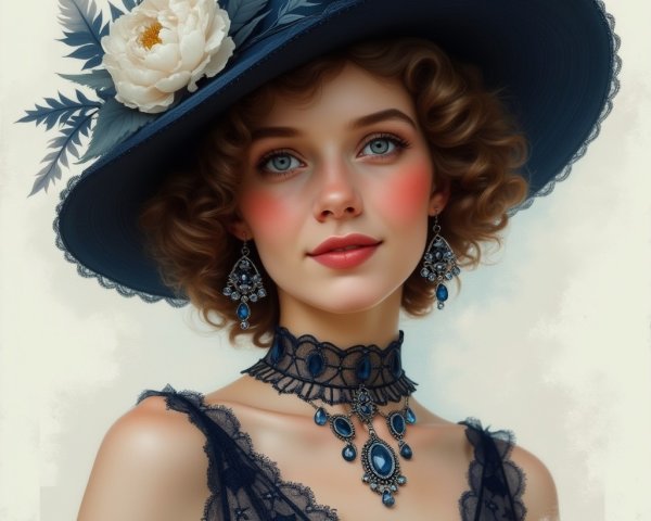 Young woman in navy hat and dark lace dress