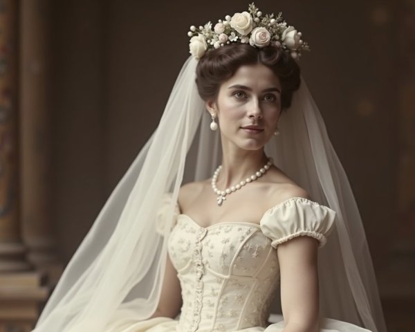 Elegant Bride in Vintage Wedding Gown with Floral Crown