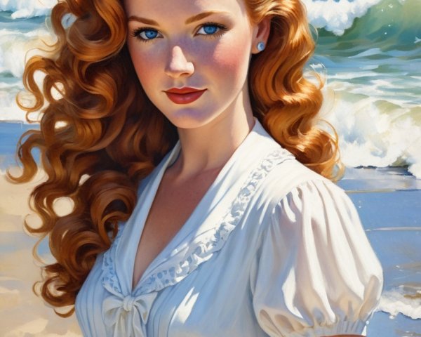 Young woman with red hair on a beach with waves