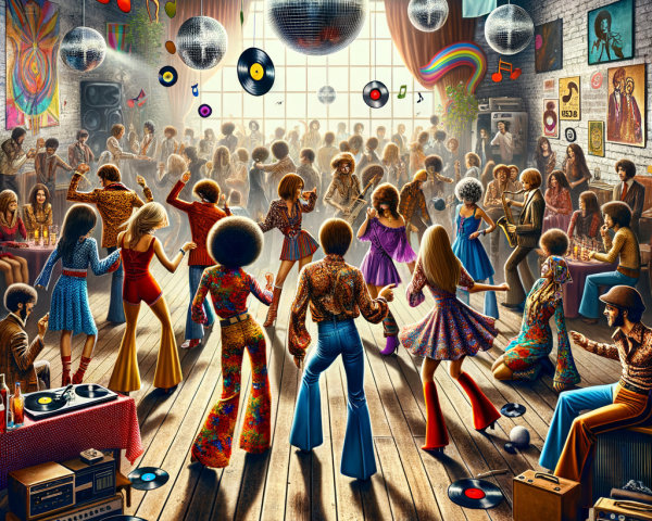 1970s Disco Scene with Retro Dancers and Decor