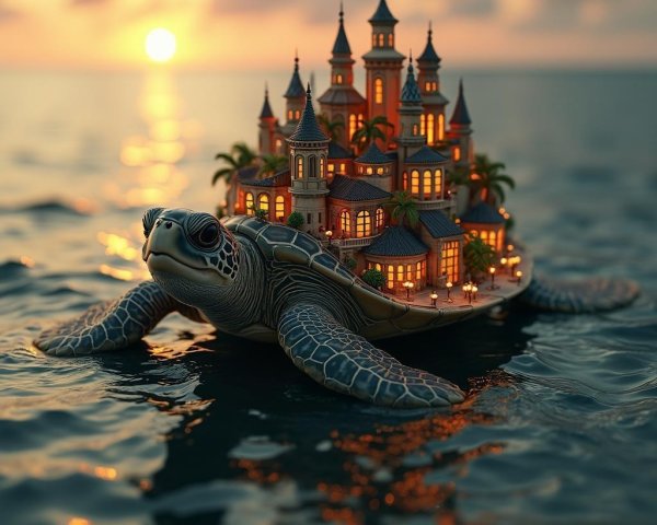 Whimsical Turtle with Cityscape Shell at Sunset