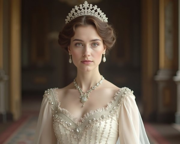 Elegant woman in a pearl-adorned gown with tiara