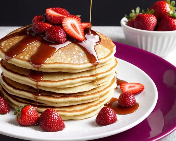 Fluffy pancakes with strawberries on a purple plate