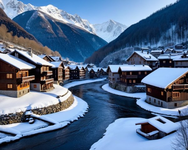 Charming Winter Village Scene in Snowy Valley